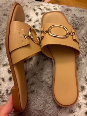 Women’s Tan Slip-On Slide Sandals with Gold Ring Accent